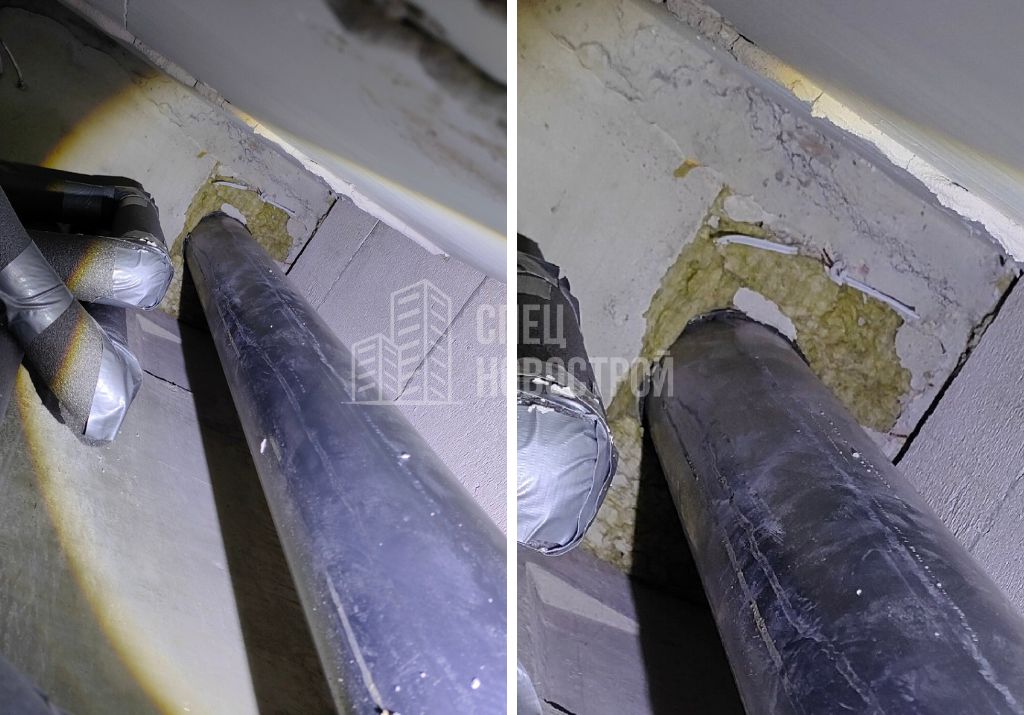 не замоноличено отверстие в месте прохода стояка канализации через перекрытие потолка
